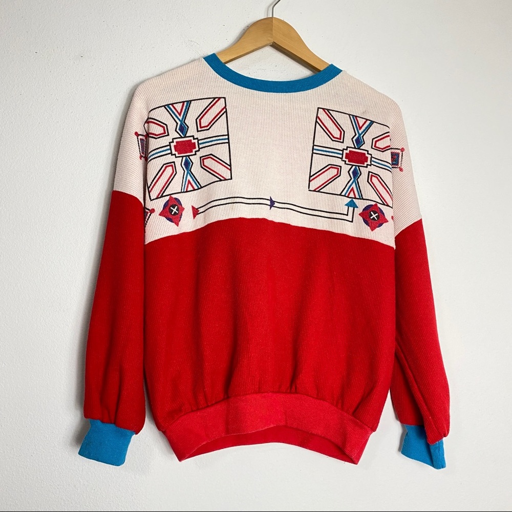 Vintage 80s Aztec Colorblock Waffle Knit Blouse S